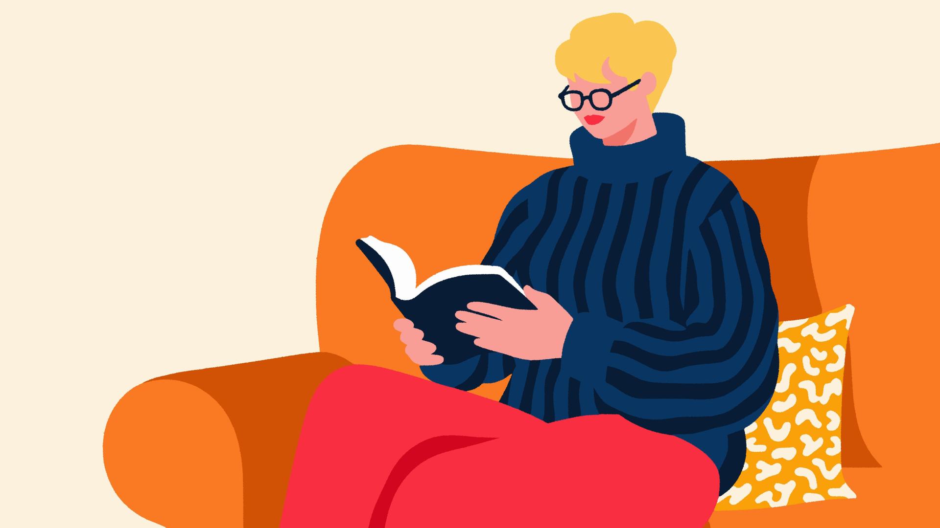 Illustration einer Frau, die auf einem Sofa ein Buch liest