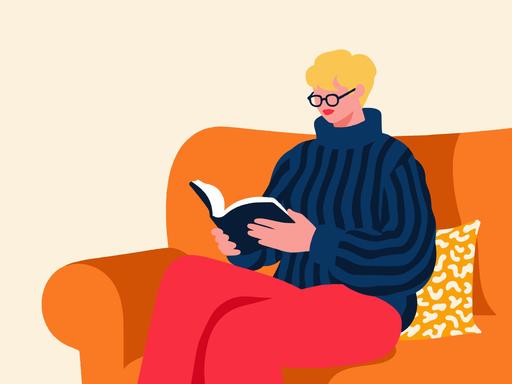 Illustration einer Frau, die auf einem Sofa ein Buch liest