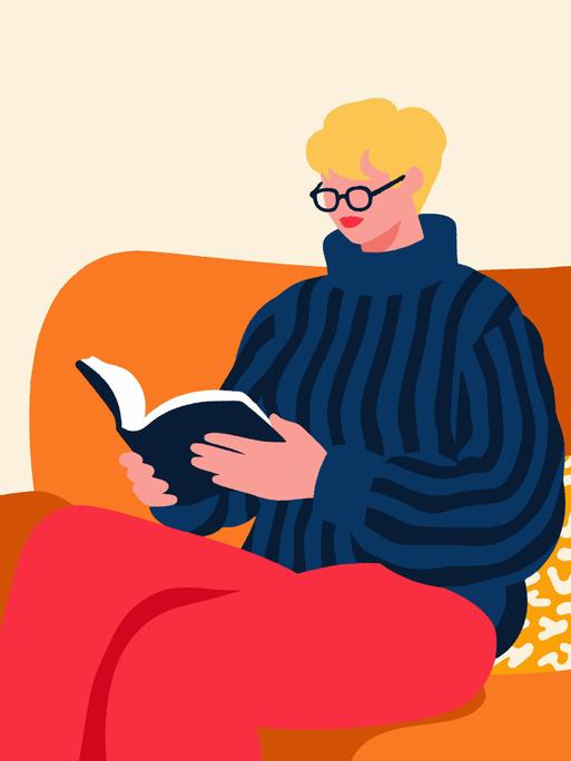 Illustration einer Frau, die auf einem Sofa ein Buch liest