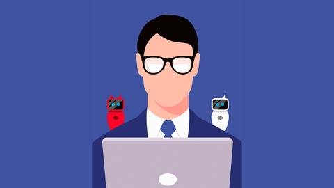 Illustrative Darstellung: Mann arbeitet an einem Laptop mit Teufel- und Engel-Chatbots auf den Schultern