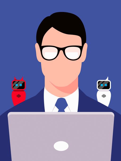 Illustrative Darstellung: Mann arbeitet an einem Laptop mit Teufel- und Engel-Chatbots auf den Schultern