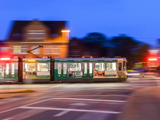 Eine Stadtbahn der Hannoverschen Verkehrsbetriebe fährt am frühen Morgen über eine Straße in Hannover. 