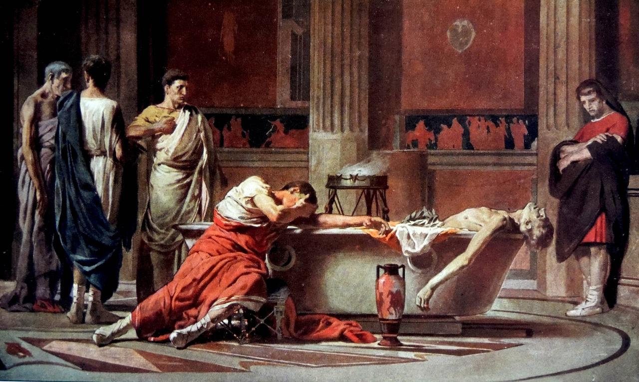 Das Ölgemälde Der Tod des Seneca des spanischen Malers Manuel Dominguez Sanchez von 1871. In Togen gewandete Männer stehen um eine Badewanne versammelt, in der der Philosoph sich auf Neros Anweisung hin das Leben genommen hat. 