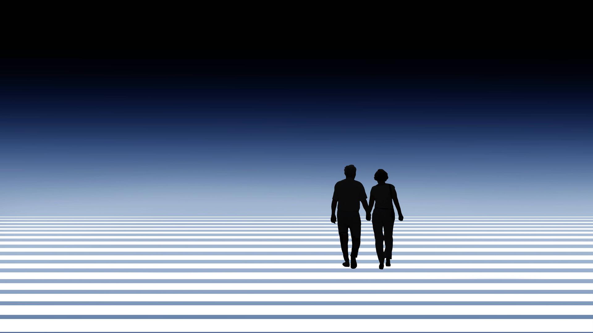 Die Illustration zeigt von hinten die Silhouette eines Paares, das Hand in Hand Stufen hochgeht.