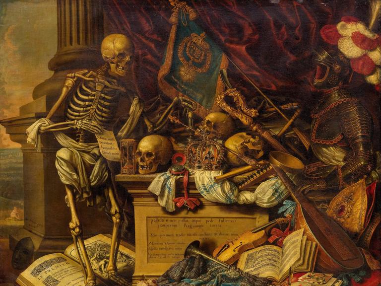 Auf einem Gemälde sind Skelette und Totenschädel abgebildet. 
