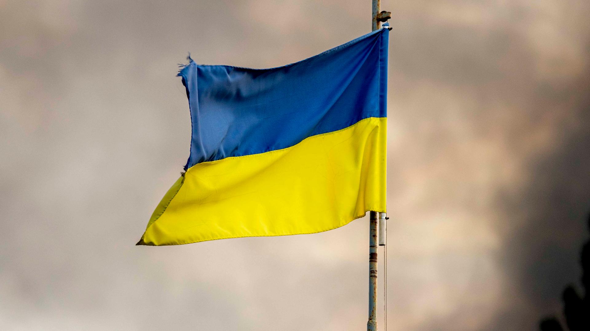 Die blau-gelbe Flagge der Ukraine weht im Wind vor grauem Himmel. Die Flagge ist an einer Ecke leicht eingerissen.