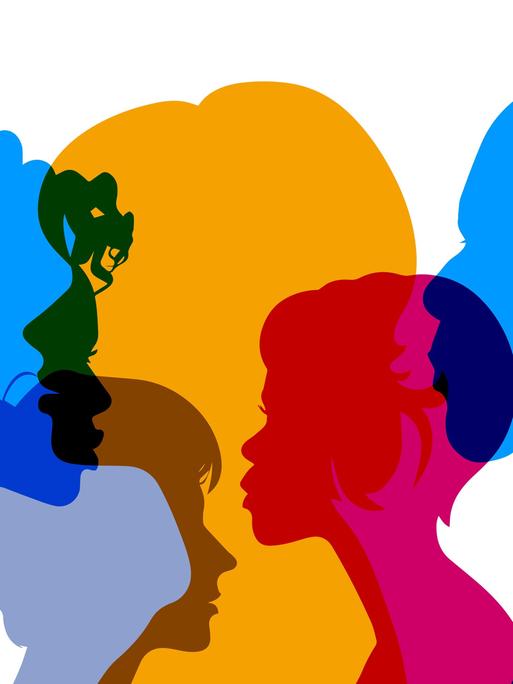 Bunte Profile der Köpfe vieler Menschen bilden ein Panorama der Gesellschaft