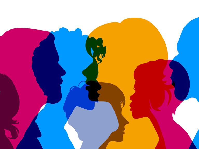 Bunte Profile der Köpfe vieler Menschen bilden ein Panorama der Gesellschaft