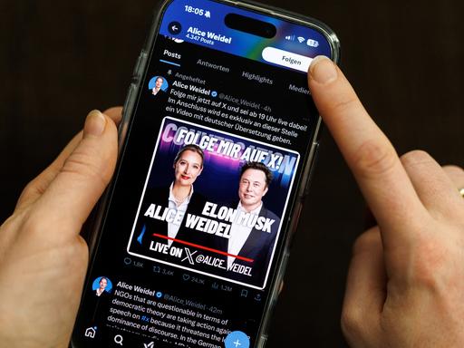 Auf einem Tablet ist das Seite des X-Profils von AfD-Kanzlerkandidatin Alice Weidel zu sehen. Darauf befindet sich ein Bild, das auf ihre Livetalk mit US-Milliardär Elon Musik hinweist.