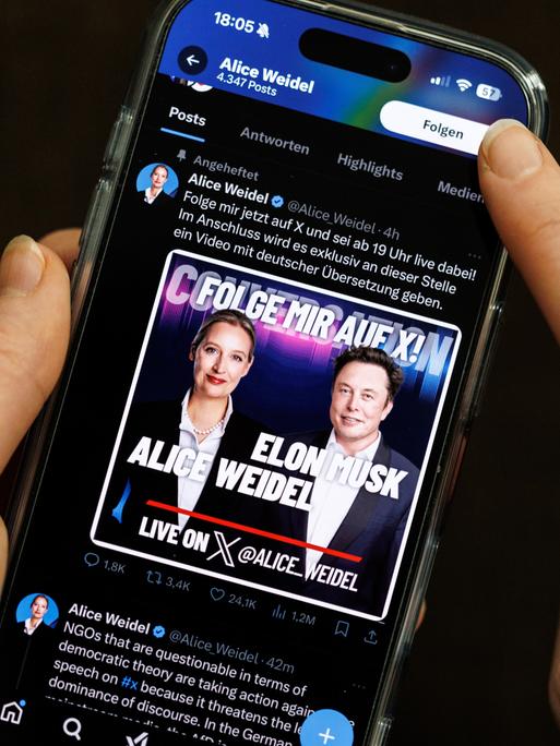 Auf einem Tablet ist das Seite des X-Profils von AfD-Kanzlerkandidatin Alice Weidel zu sehen. Darauf befindet sich ein Bild, das auf ihre Livetalk mit US-Milliardär Elon Musik hinweist.