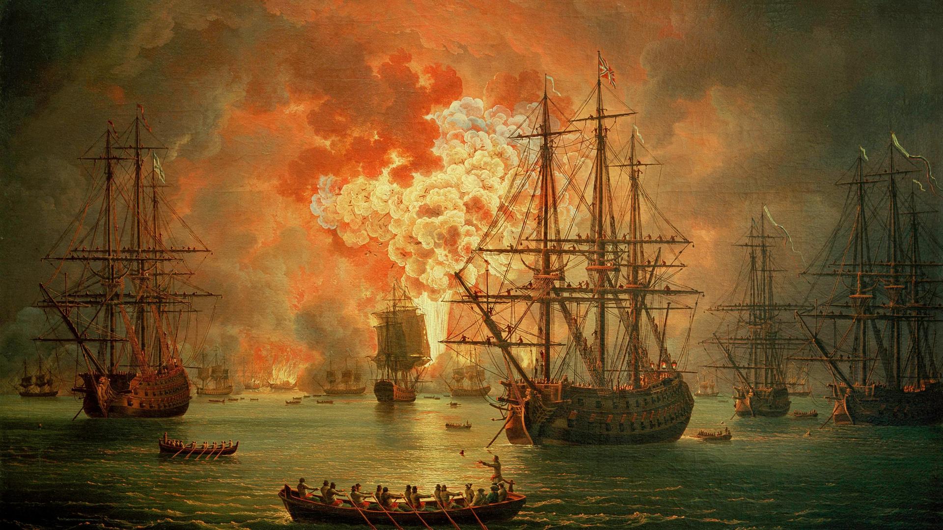 Der Russisch-türkische Krieg und die Seeschlacht bei Tschesme am 5. August 1770 (Die russ. Flotte unter Alexei Orlow vernichtet die türkische Flotte). Die Zerstörung der türkischen Flotte in der Schlacht von Tschesme. Gemälde, 1771, von Jakob Philipp Hackert (17371807). Öl auf Leinwand, 162,5 × 220 cm. Inv. Nr. GE 2048. St. Petersburg, Staatliche Ermitage.