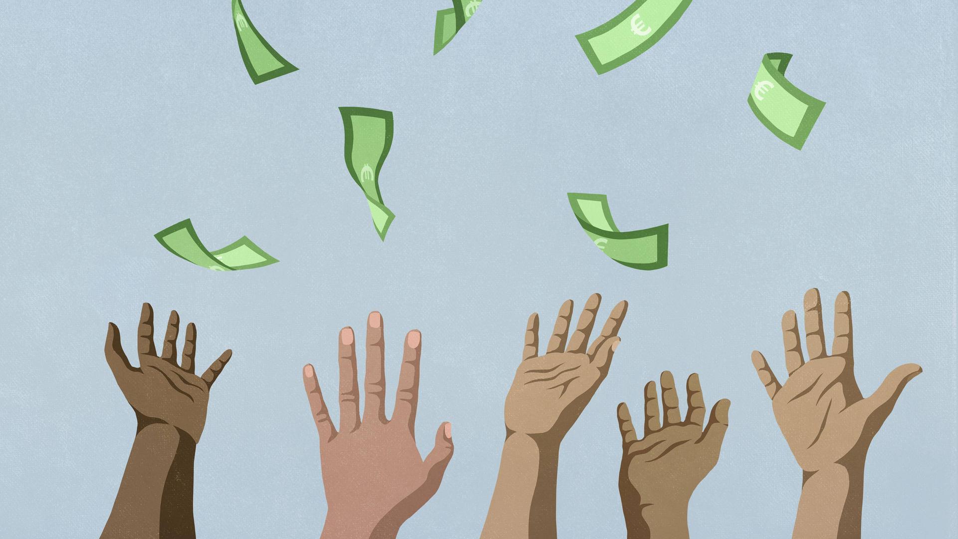 Hände recken sich nach fallendem Geld (Illustration).