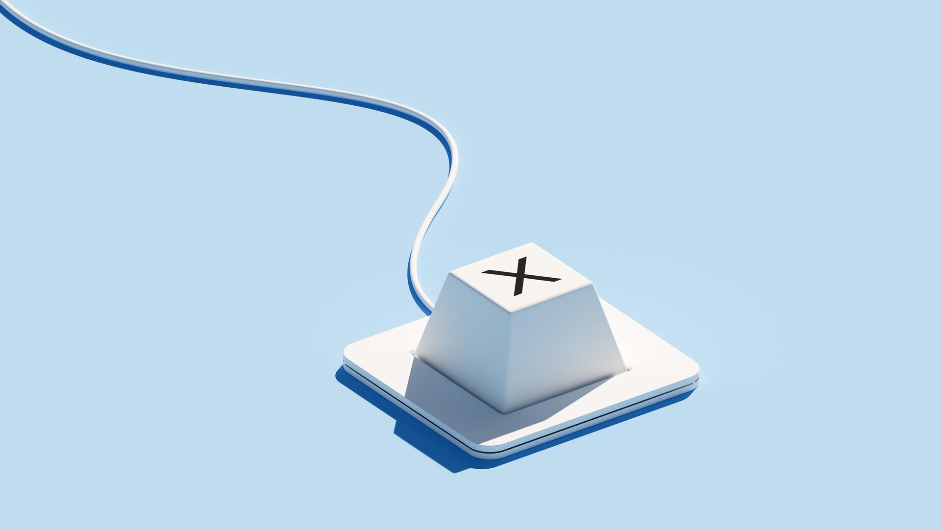Eine Tastatur mit einer einzelnen Taste und einem „X“-Symbol steht vor blauem Hintergrund. Eine Tastatur mit einer einzelnen Taste und einem „X“-Symbol steht vor blauem Hintergrund.
