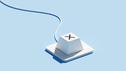 Eine Tastatur mit einer einzelnen Taste und einem „X“-Symbol steht vor blauem Hintergrund. 