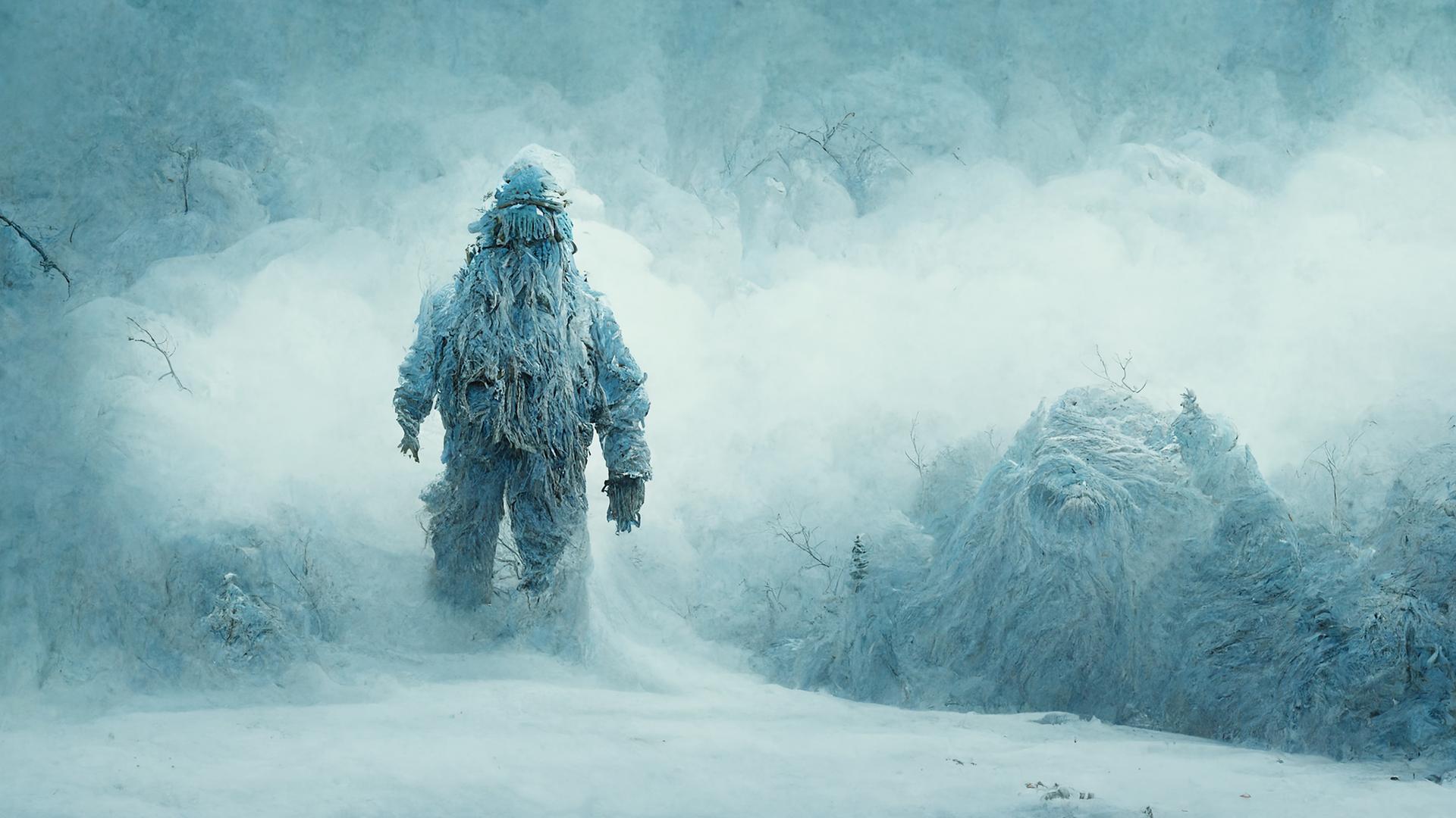 Yeti in den schneebedeckten Bergen des Himalaya, geheimnisvolles pelziges Wesen, das durch die gefrorene Natur streift, Illustration