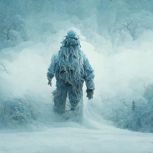 Yeti in den schneebedeckten Bergen des Himalaya, geheimnisvolles pelziges Wesen, das durch die gefrorene Natur streift, Illustration