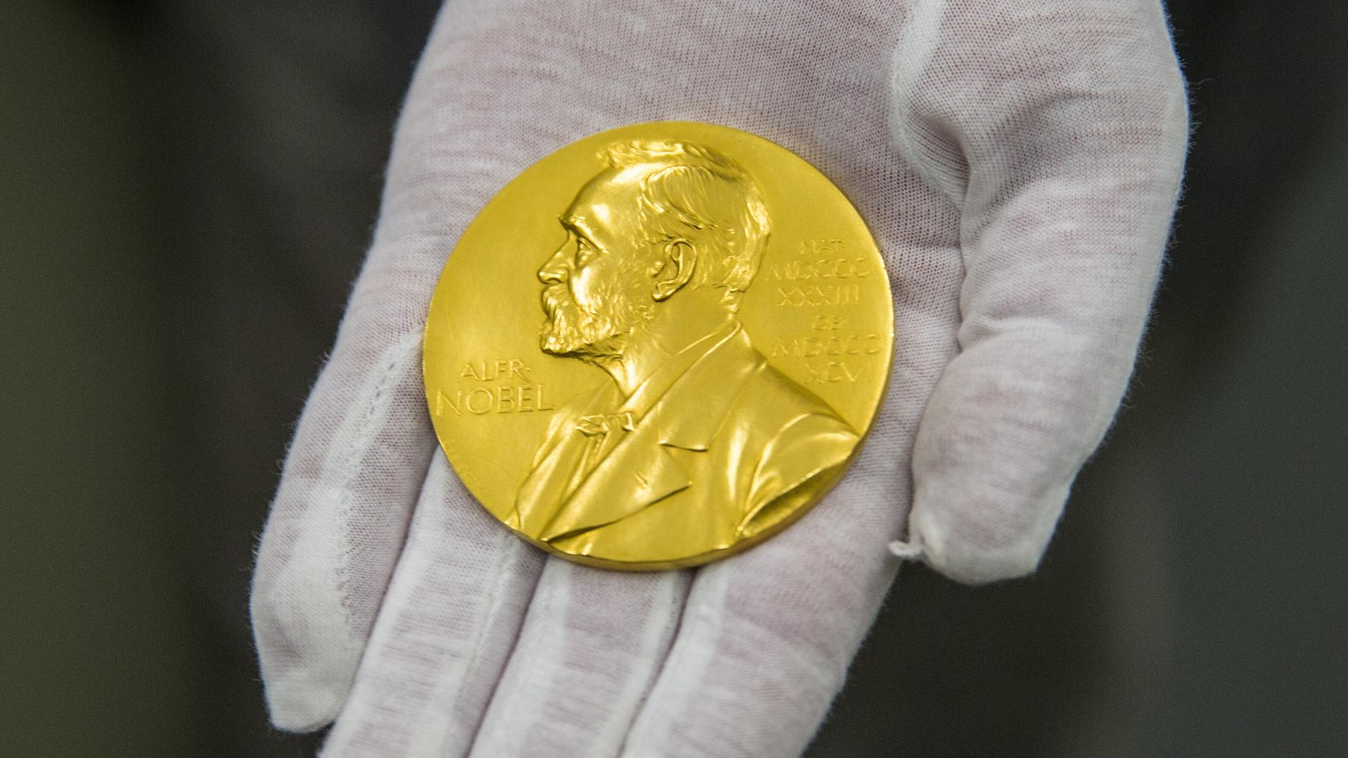 Nobelpreis-Medaille liegt auf einer Hand in einem weißen Handschuh Nobelpreis-Medaille liegt auf einer Hand in einem weißen Handschuh