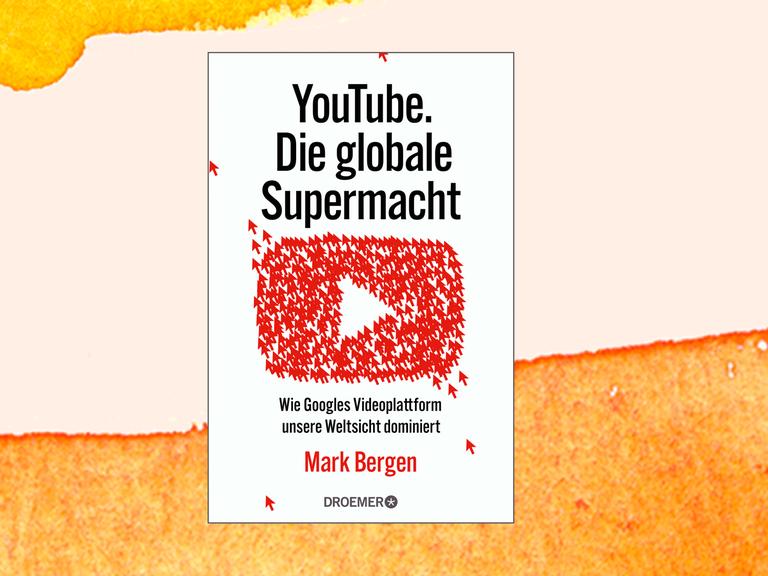 Cover des Buches "Youtube. Die globale Supermacht" von Mark Bergen. In der Mitte des weißen Covers ist das Youtube-Symbol zu sehen, das sich aus lauter kleinen roten Pfeilen zusammensetzt. Einige Pfeile steuern von außen auf das Symbol zu. 