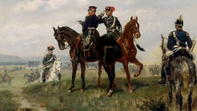 Historisches Ölgemälde von Soldaten zu Pferde im Deutsch-Französischen Krieg.