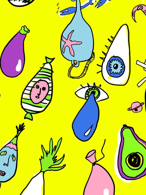 Illustration bunter doku drops vor gelbem Hintergrund.
