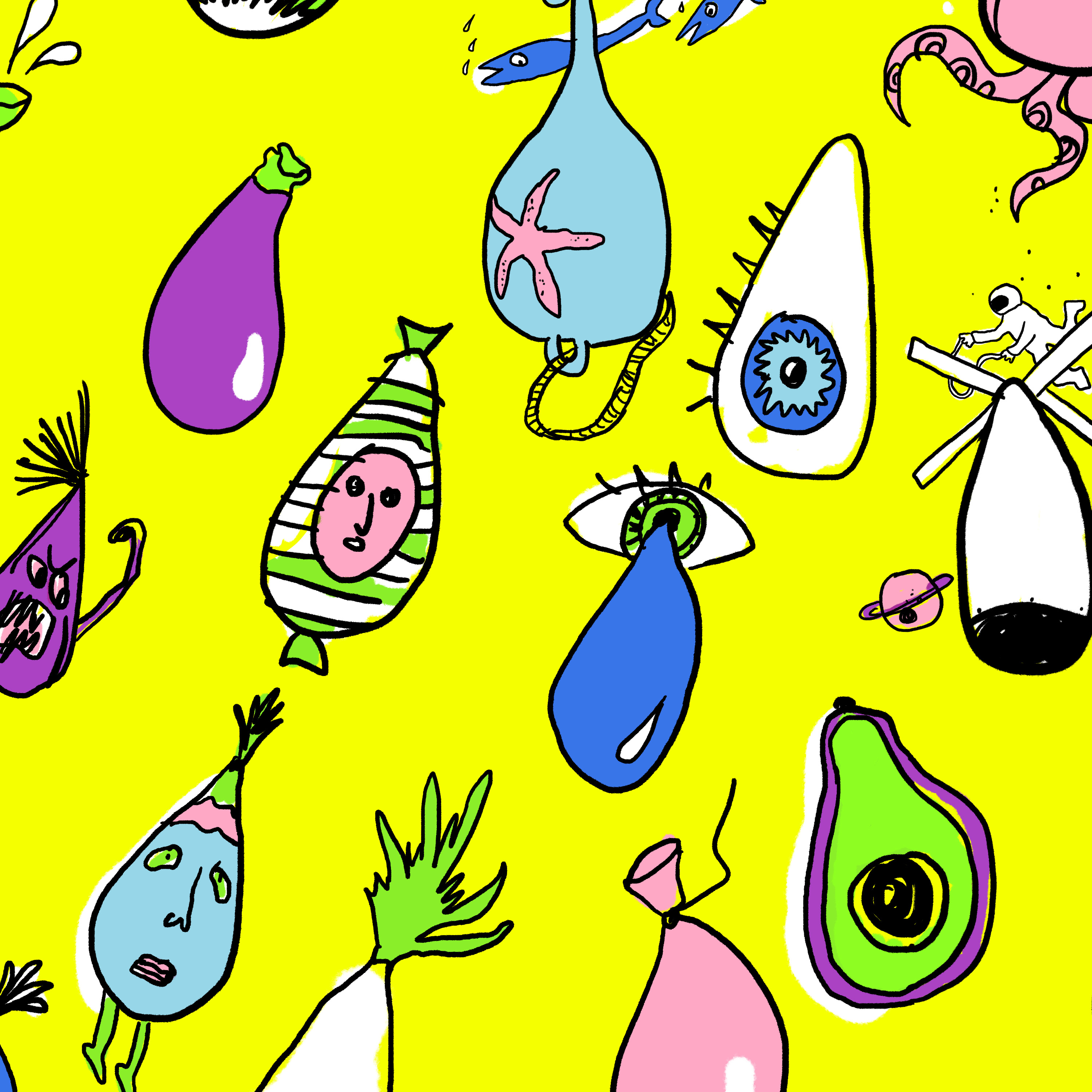 Illustration bunter doku drops vor gelbem Hintergrund. Illustration bunter doku drops vor gelbem Hintergrund.