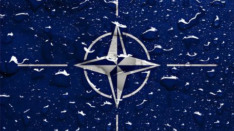 Regentropfen sind auf dem NATO-Logo zu sehen.