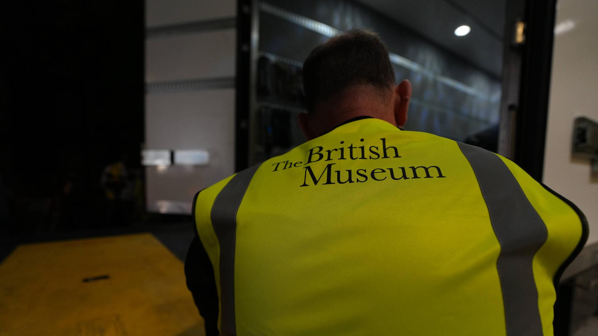 A British Museum worker unloads objects from a truck at the British Museum in London, Friday, July 10, 2026. (AP Photo/Kwiyeon Ha)