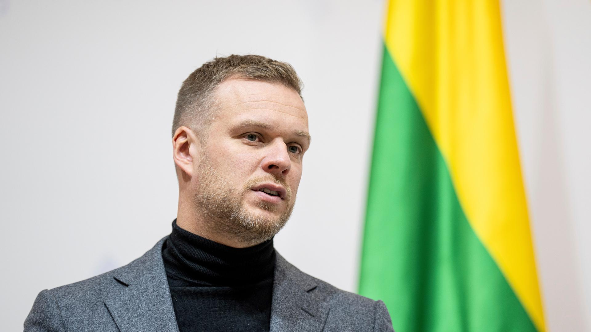 Litauens Außenminister Gabrielius Landsbergis steht neben einer litauischen Fahne