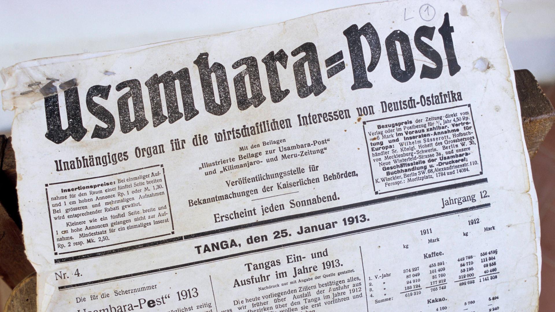 Das Blatt einer Zeitung, die zu Zeiten der Kolonialgeschichte von Deutschland herausgegeben wurde. Sie nennt sich Usambara-Post und es ist eine Ausgabe vom 25.01.1913.