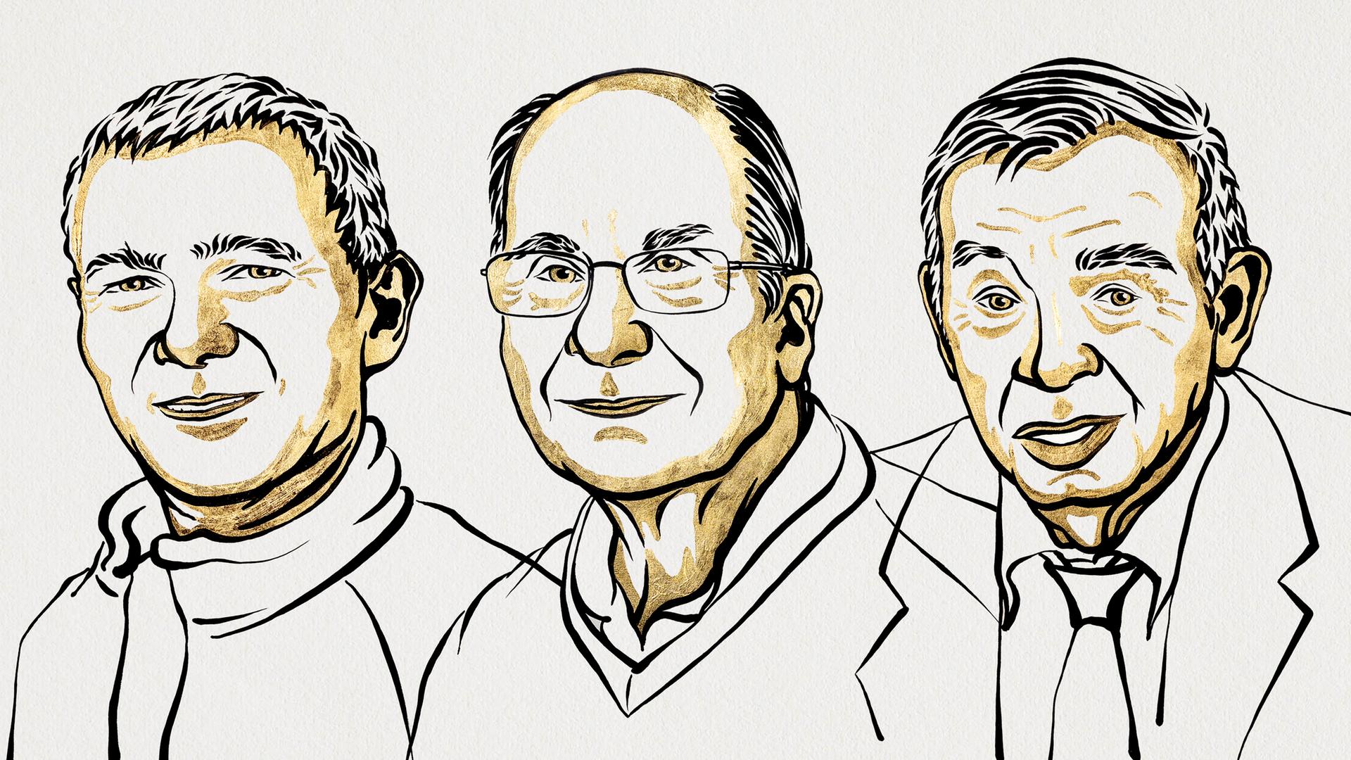 Auf der Projektion während der Bekanntgabe des Nobelpreises für Chemie sind die Wissenschaftler Moungi Bawendi, Louis Brus und Alexei Ekimov zu sehen. Auf der Projektion während der Bekanntgabe des Nobelpreises für Chemie sind die Wissenschaftler Moungi Bawendi, Louis Brus und Alexei Ekimov zu sehen.