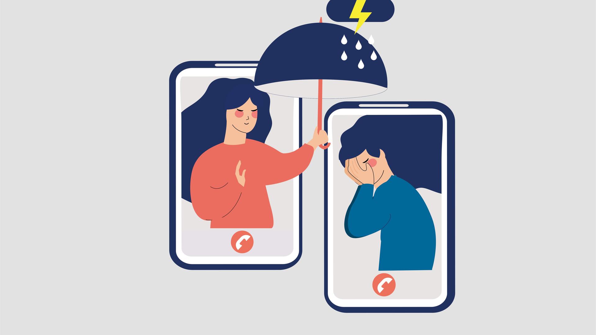 Illustration zweier Smartphones: Eine Frau hält aus einem Smartphone einen Regenschirm über die traurige Frau im anderen Smartphone und spendet ihr Trost.