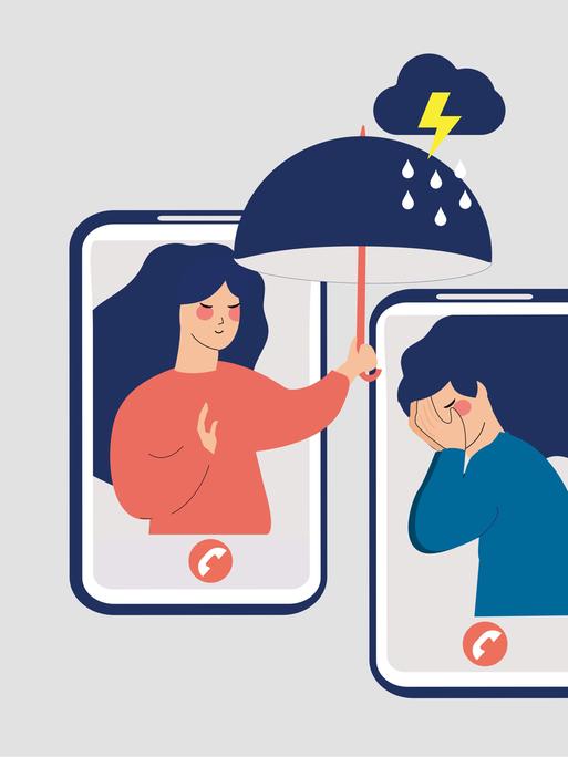 Illustration zweier Smartphones: Eine Frau hält aus einem Smartphone einen Regenschirm über die traurige Frau im anderen Smartphone und spendet ihr Trost.