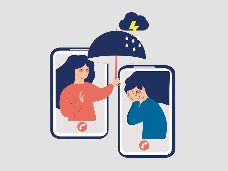 Illustration zweier Smartphones: Eine Frau hält aus einem Smartphone einen Regenschirm über die traurige Frau im anderen Smartphone und spendet ihr Trost.