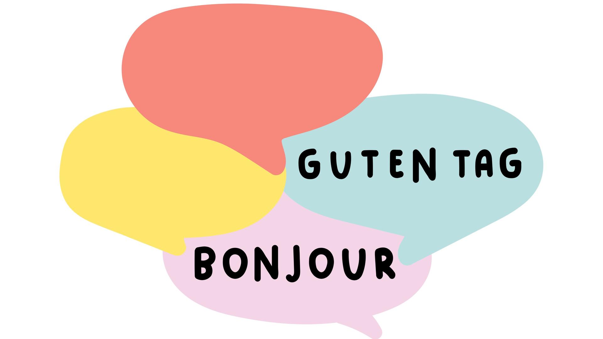 In der Illustration sind Sprechblasen mit den Worten "Bonjour" und "Guten Tag" zu sehen.