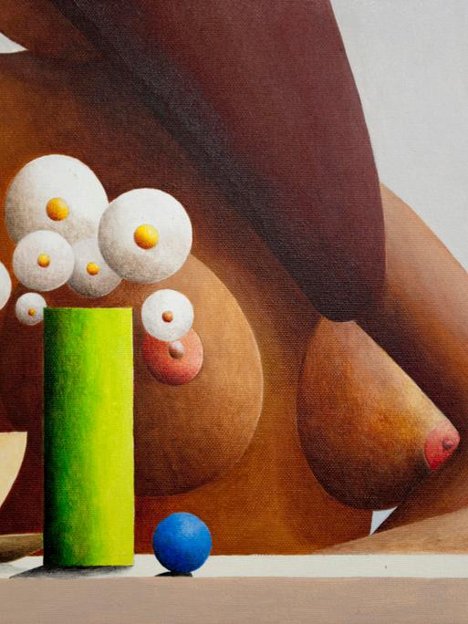 Acrylbild ine abstrakten Frau an einem Frühstückstisch, mit entblössten Brüsten.