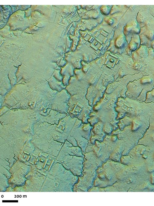 Dieses LIDAR-Bodenradarbild zeigt Grundrisse alter Bauten aus der sogenannten Upano-Kultur auf dem Gebiet des heutigen Ecuador