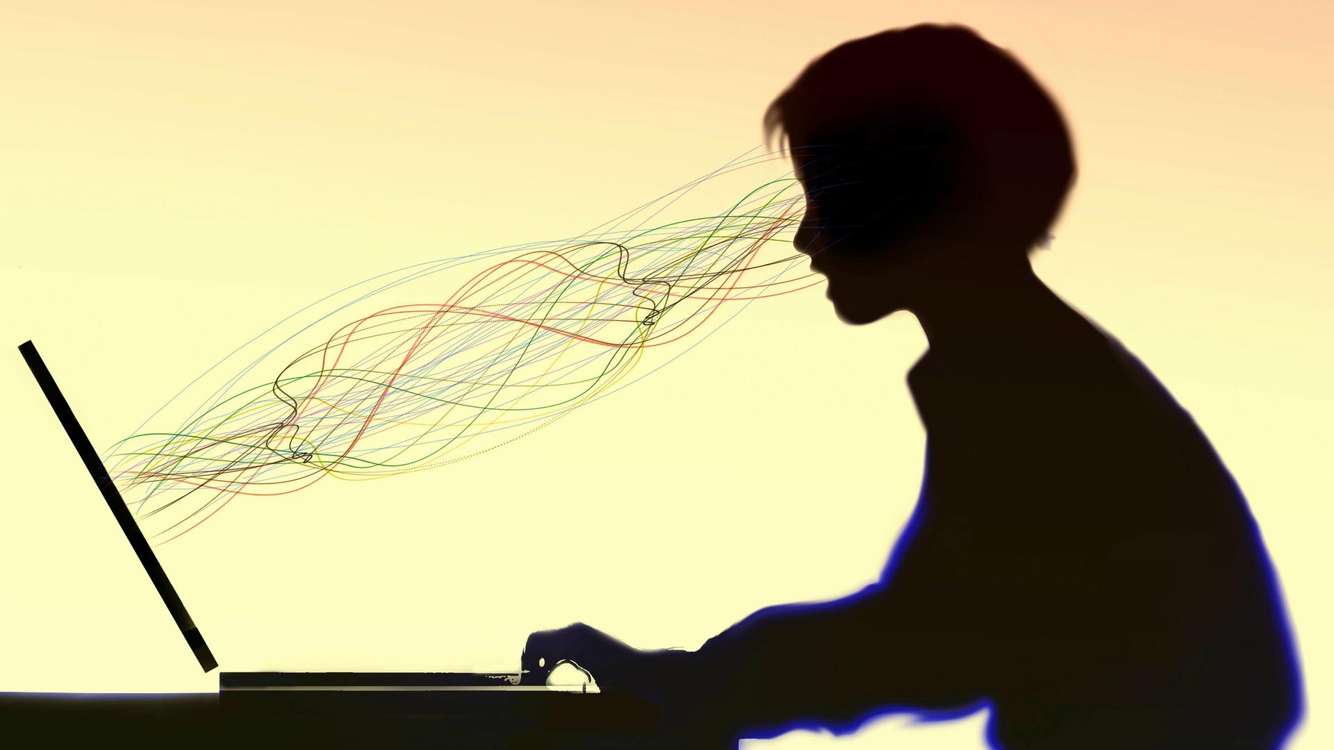 Linien verlaufen zwischen einer Frau und einem Laptop-Computer (Illustration) Linien verlaufen zwischen einer Frau und einem Laptop-Computer (Illustration)