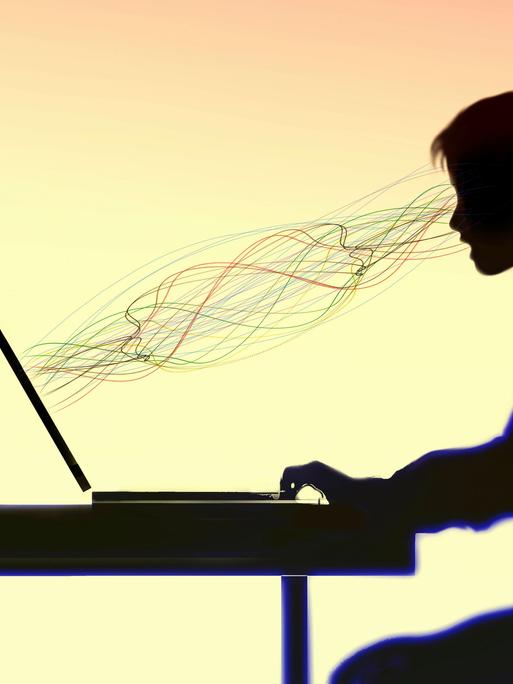  Linien verlaufen zwischen einer Frau und einem Laptop-Computer (Illustration)