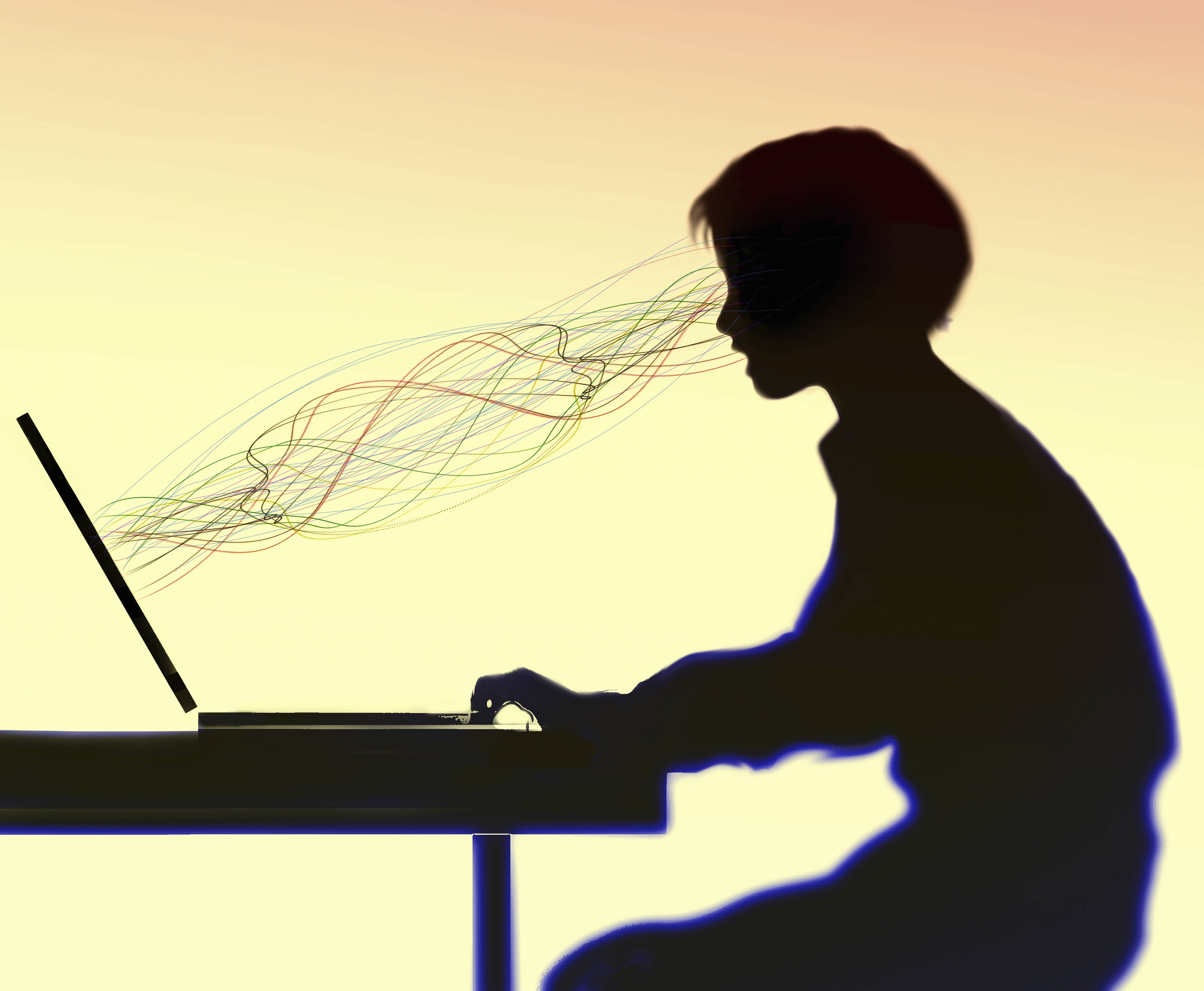  Linien verlaufen zwischen einer Frau und einem Laptop-Computer (Illustration)