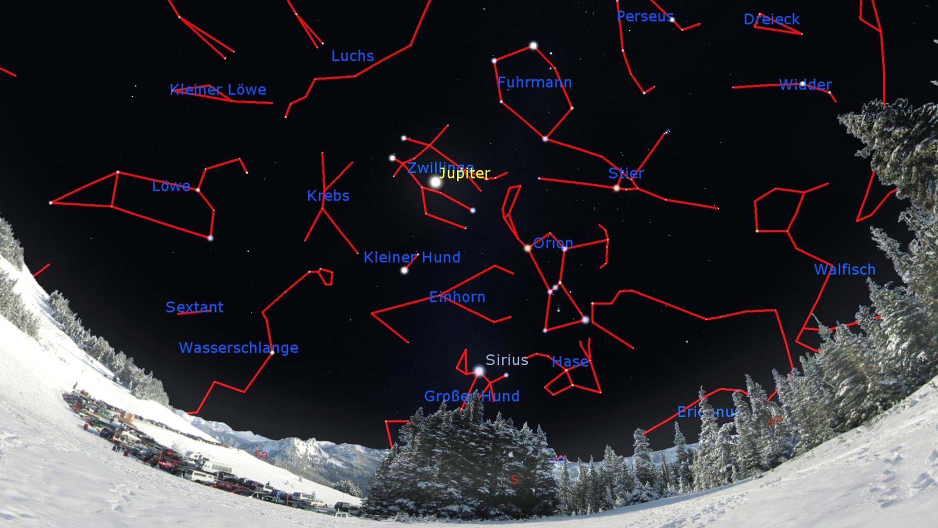 Der Blick an den Südhimmel mit Jupiter mitten in den Winterfiguren morgen gegen 22 Uhr, zur Monatsmitte um 21 Uhr und zu Monatsende um 20 Uhr MEZ. Der Blick an den Südhimmel mit Jupiter mitten in den Winterfiguren morgen gegen 22 Uhr, zur Monatsmitte um 21 Uhr und zu Monatsende um 20 Uhr MEZ.