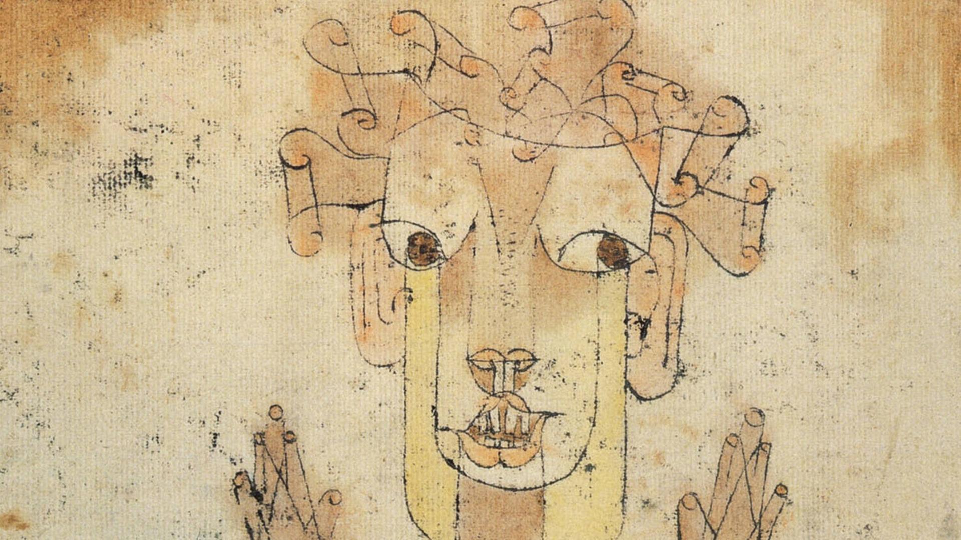 Paul Klees Zeichnung "Angelus Novus" zeigt in Tusche und Ölkreide auf bräunlichem Papier eine geflügelte Figur mit aufgerissenen Augen und Mund.