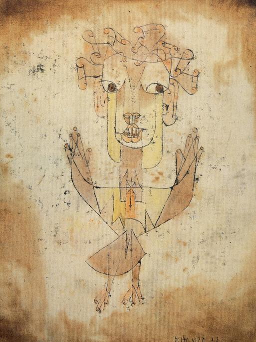 Paul Klees Zeichnung "Angelus Novus" zeigt in Tusche und Ölkreide auf bräunlichem Papier eine geflügelte Figur mit aufgerissenen Augen und Mund.