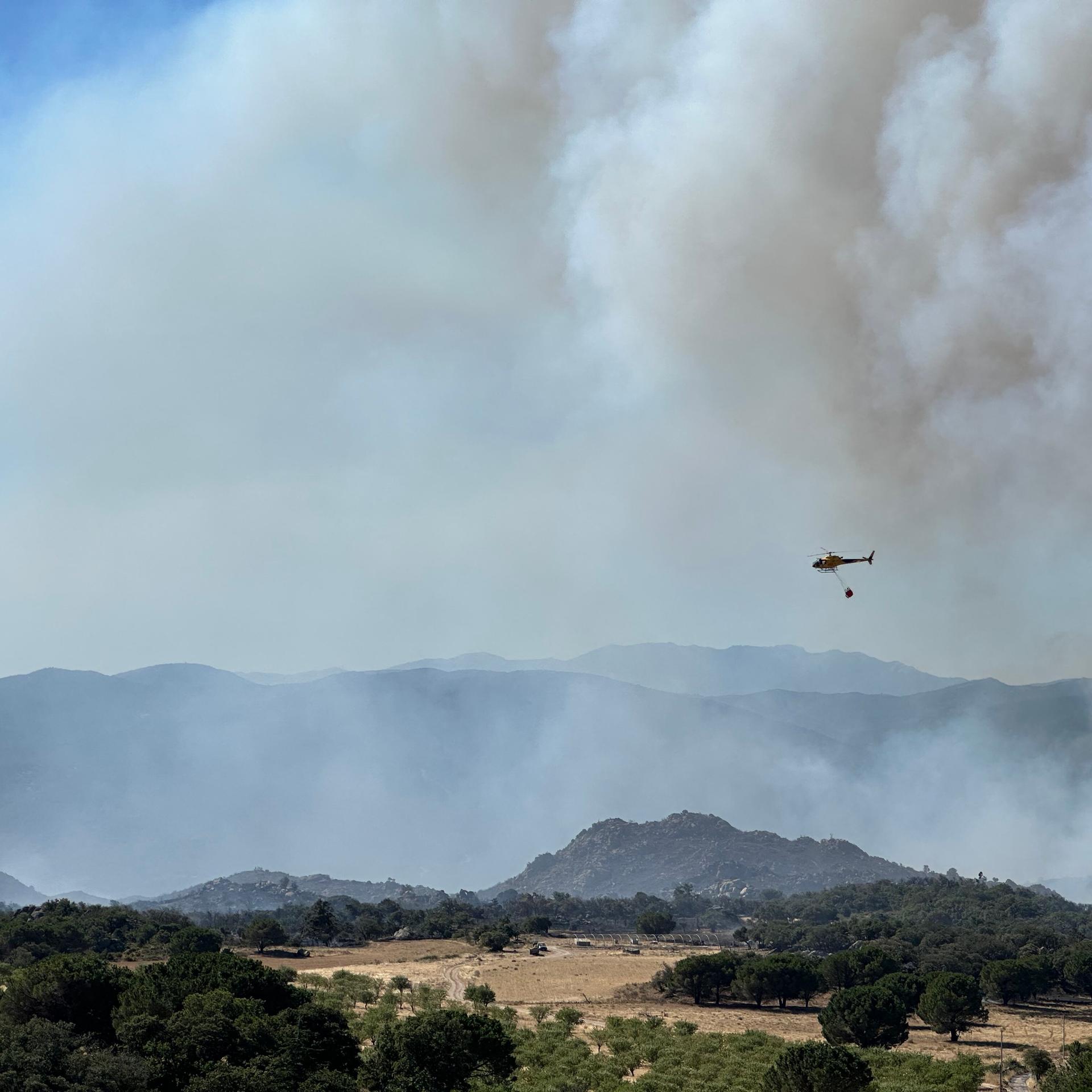 Feuerwehrleute bekämpfen einen Großbrand in der Nähe von Montalba-le-Château - ein Löschhubschrauber überfliegt das Gebiet. 