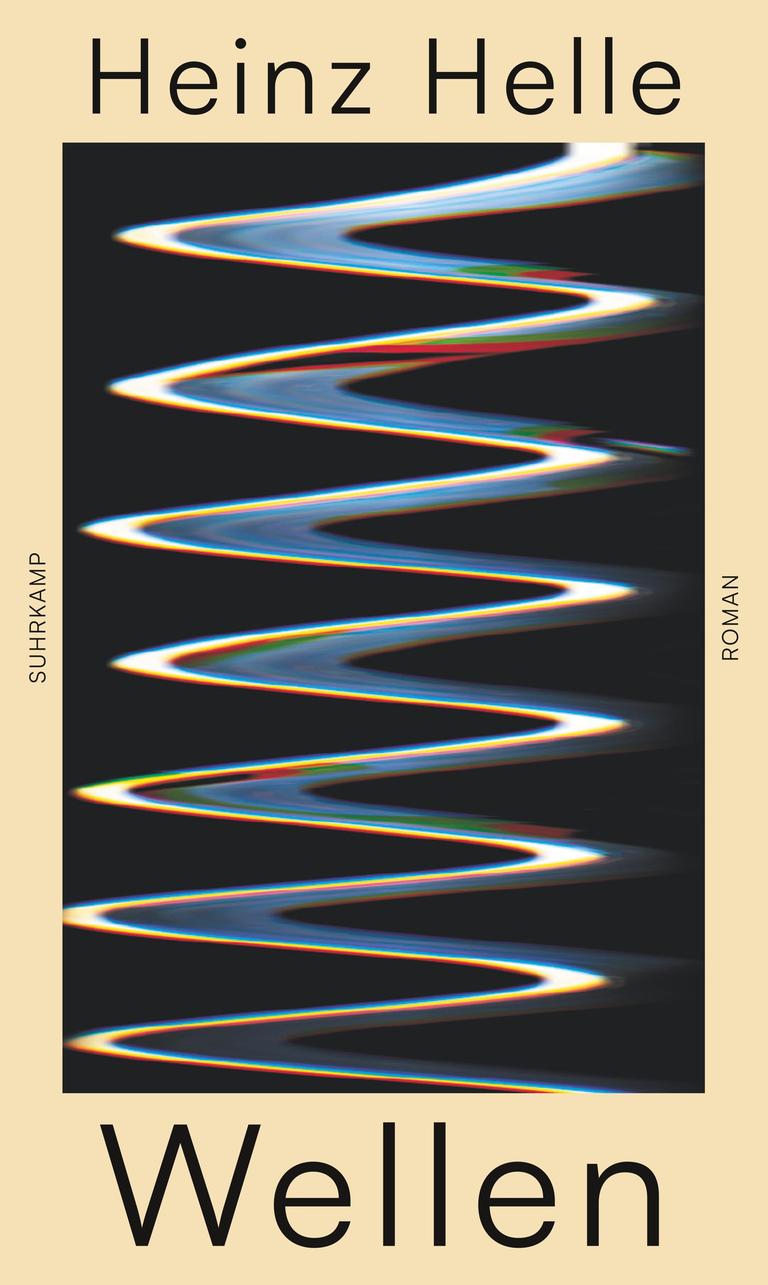 Das Cover des Buches "Wellen" von Heinz Helle. Zu sehen ist eine Art Spirale, die sich auf dunklem Grund von oben nach unten über das Cover zieht und an Radiowellen erinnert.