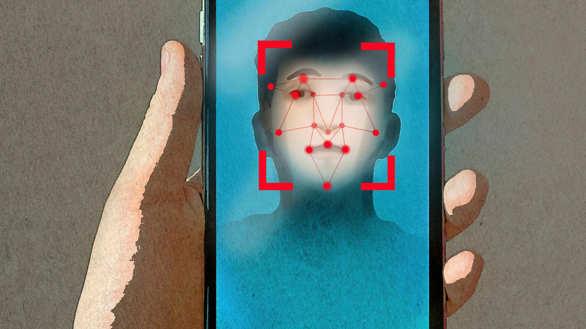Illustration: Eine Hand hält ein Smartphone mit Gesichtserkennungstechnologie.