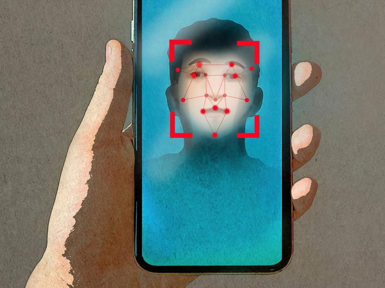 Illustration: Eine Hand hält ein Smartphone mit Gesichtserkennungstechnologie.