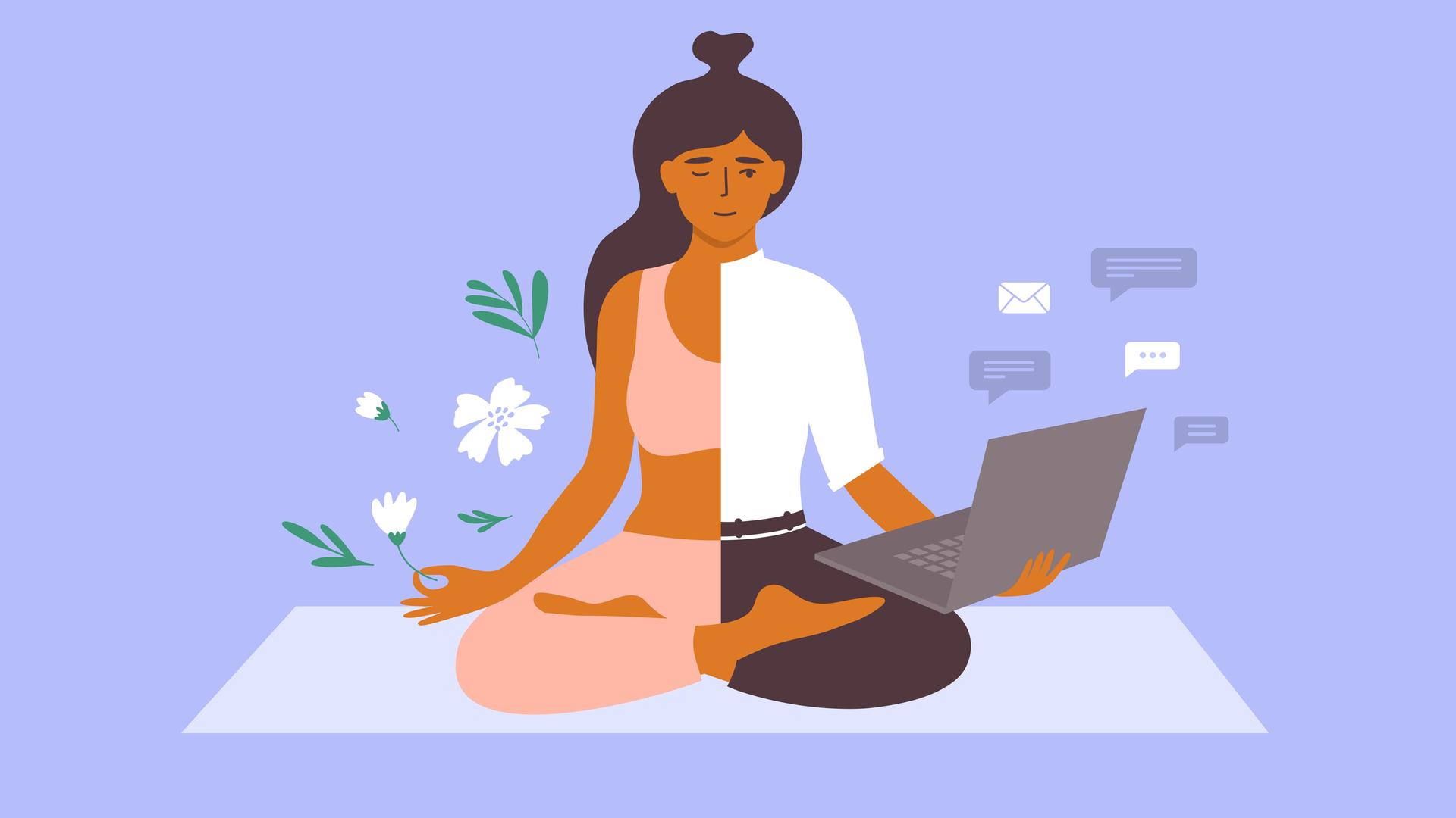 Vektorillustration des Work-Life-Balance-Konzepts mit einer Geschäftsfrau, die auf einer Yogamatte meditiert und Laptop und Blume in der Hand hält