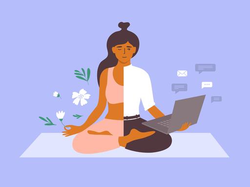 Vektorillustration des Work-Life-Balance-Konzepts mit einer Geschäftsfrau, die auf einer Yogamatte meditiert und Laptop und Blume in der Hand hält