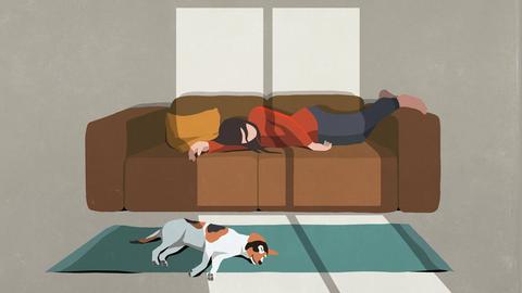 Illustration: Eine Frau liegt auf einem Sofa und schläft, davor liegt ein Hund und schläft.