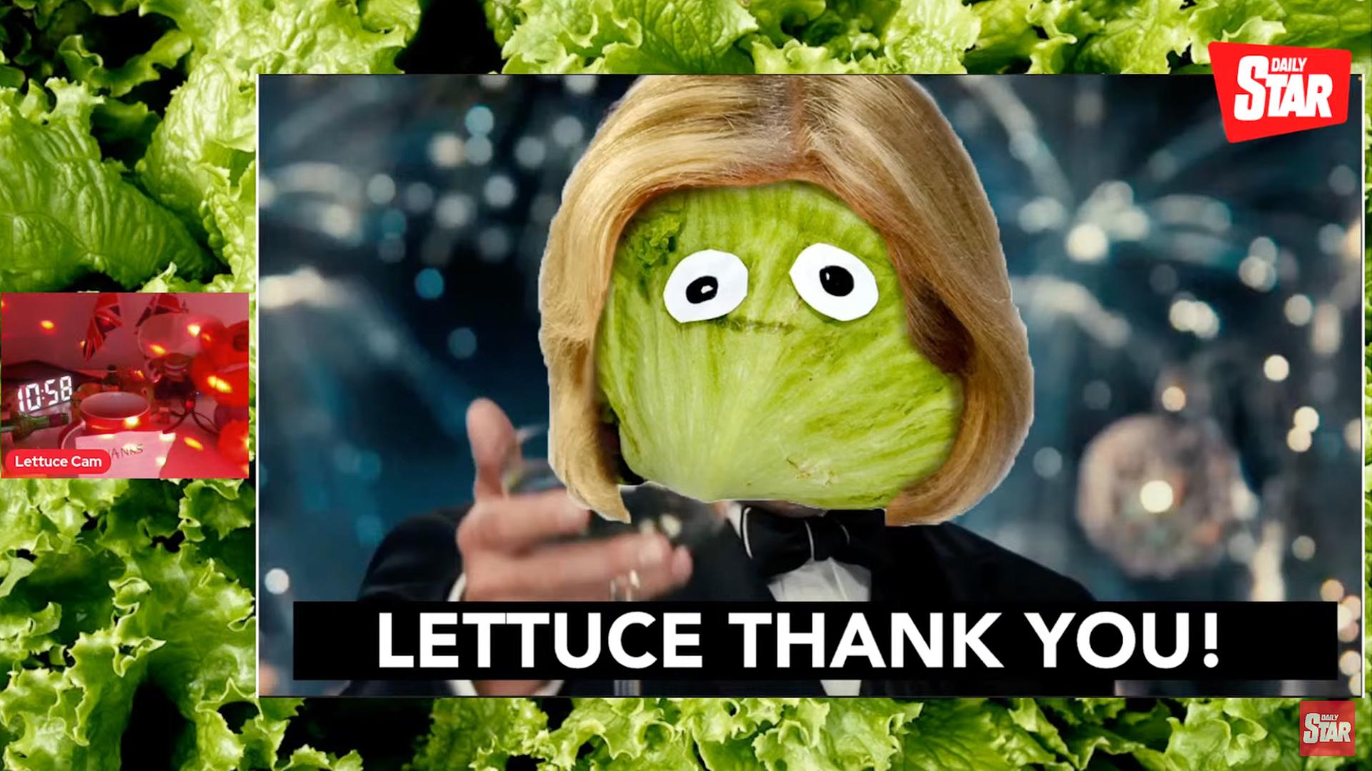 Screenshot eines YouTube-Livestreams des Daily Star, der einen Salatkopf mit blonder Perücke zeigt. Darunter der Schriftzug: "Lettuce Thank You!"